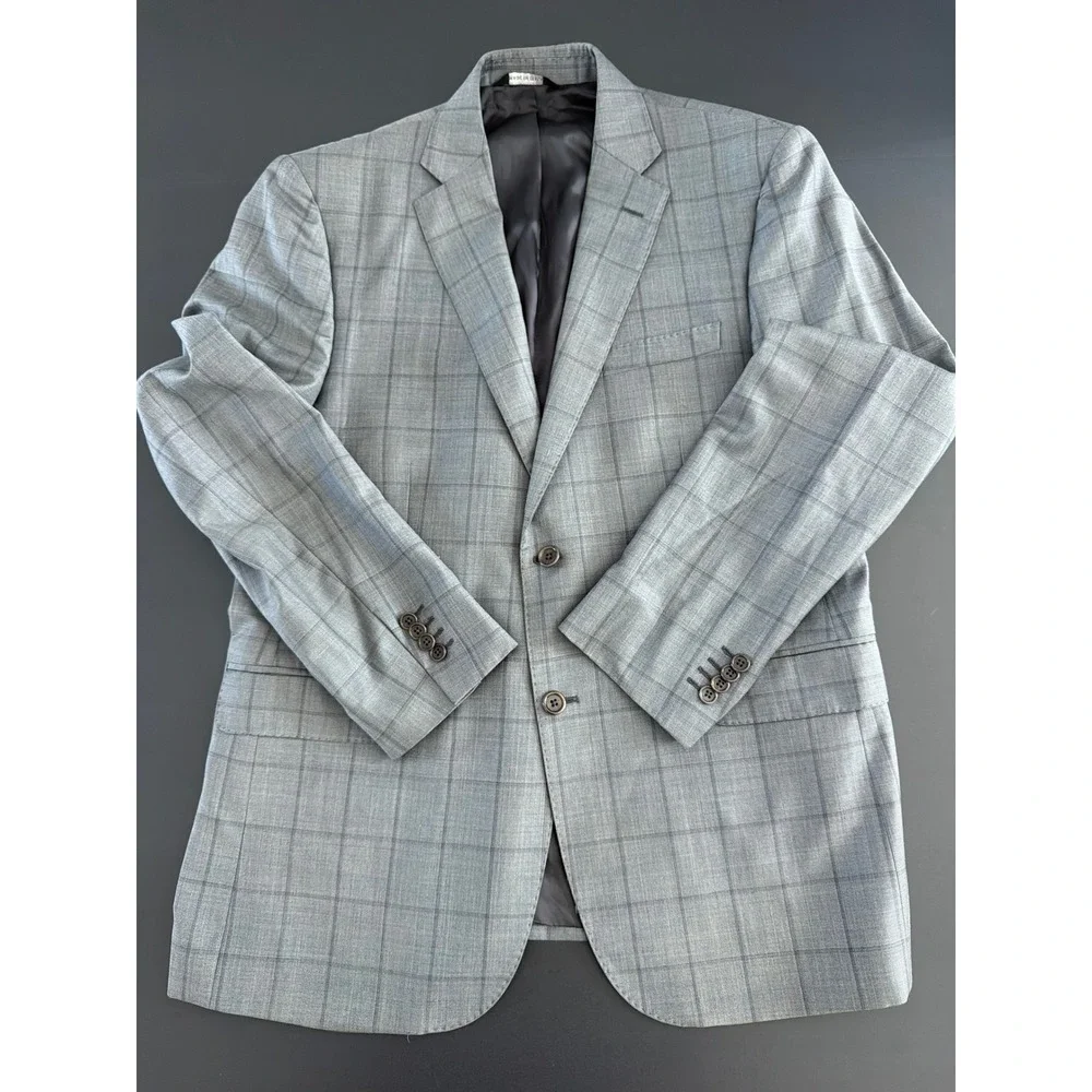 Saks Fifth Avenue Black Ermenegildo Zegna Grey Plaid Wool Silk Blazer 42R Italy